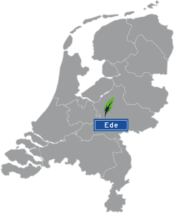 Grijze kaart van Nederland met Ede aangegeven voor maatwerk taalcursus Spaans zakelijk - blauw plaatsnaambord met witte letters en Dagnall veer - transparante achtergrond - 600 * 733 pixels